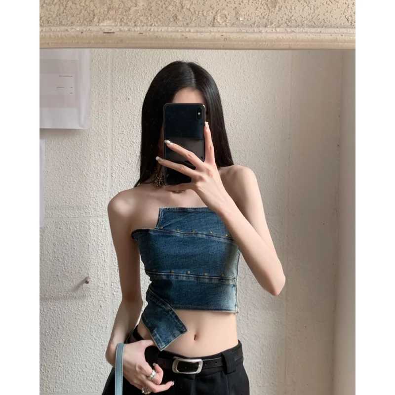 Women\'s Clothing Blue Vest Denim Irregular Off Shoulder Top Europe and America Fashion Sexy Female 2023 Summer Short Top