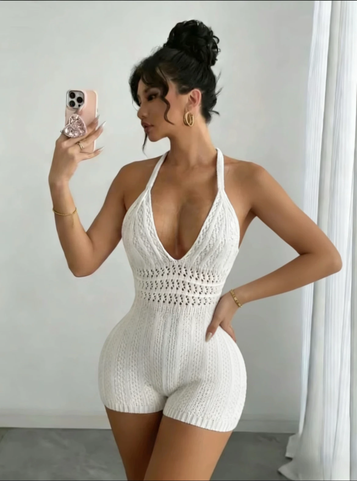 

2026 Women's Boho Crochet Halter Romper White Backless Slim Fit Knitted Bodysuit for Beach Vacation Summer Festival