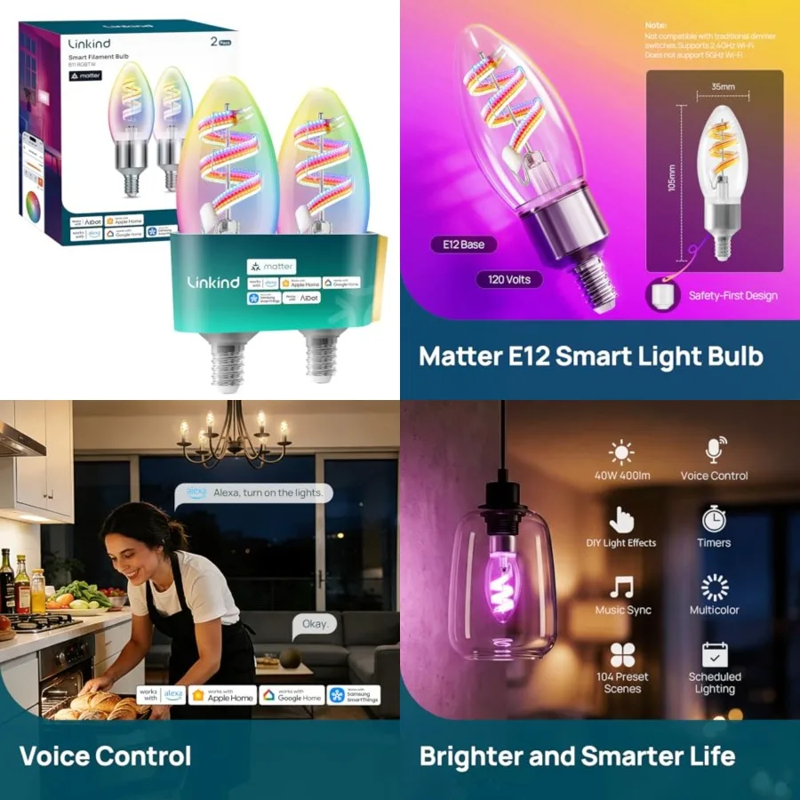 

Matter Smart Bulbs, E12 Led Edison Bulb, Smart Filament Bulbs, WiFi Candelabra B11 Bulbs, RGBTW Color Changing Light Bulb, FCC