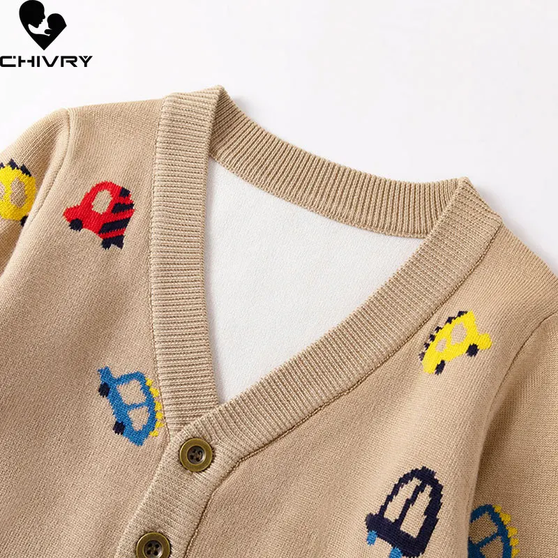 Baby Boys Girls Autumn Winter Thick Cardigans Kids Cartoon Car Jacquard V-neck Long Sleeve Knit Coat Sweaters Children Clothing