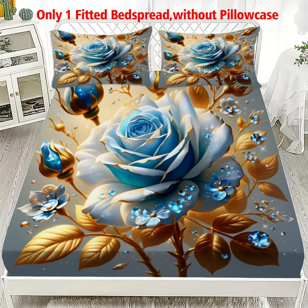1pc Blue Rose Gold Filigree&Crystal Print Fitted Sheet Deep Pocket Elastic Mattress Cover Single Double Queen King Bedroom Decor