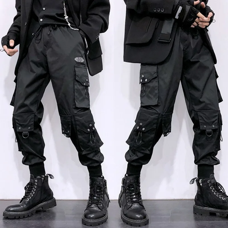

Men Workwear Pants Black Harlequin Pants Baggy Trousers Man's Clothing Hipster Drawstring Sportseear Cargo Pockets Vintage