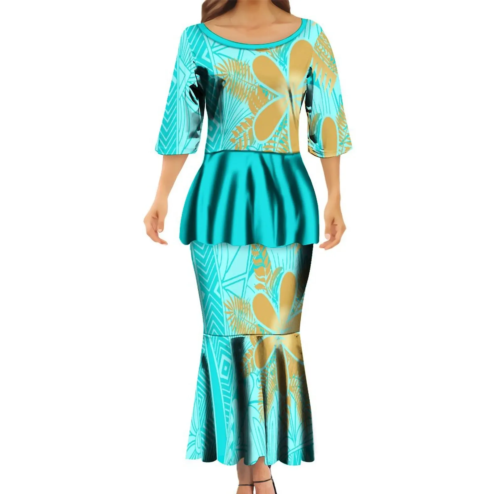 Polynesian Design Island Style Couple Suit Women'S Mid-Sleeve Dress Suit puletasi Ethnic Dress And Hawaiian Men'S Shirt