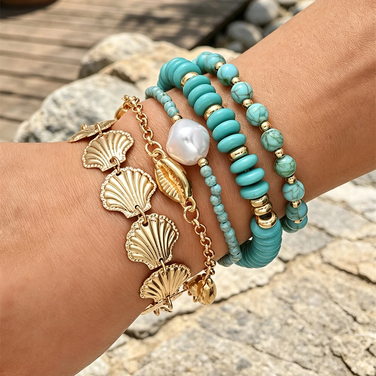 5pcs Turquoise Bead Shell Charm Bracelet Set With Freshwater Pearl For Women Boho Beach Stackable Jewelry Summer Vacation Gifts