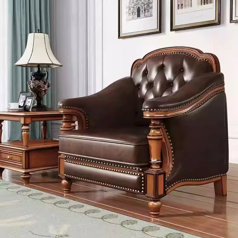 Retro Solid Wood Leather Sofa First Layer Cowhide Combination Simple Beautiful Living Room Villa Furniture