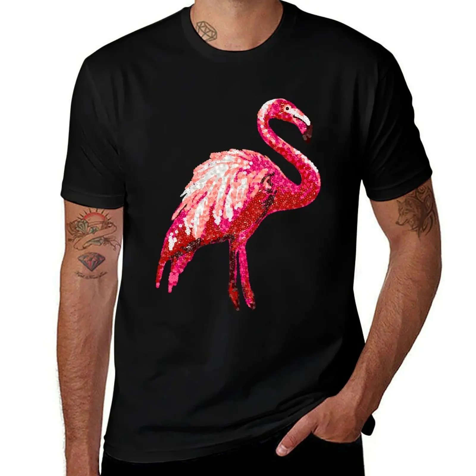 Sequin Printed Tropical Flamingo Bird T-Shirt Simple Print Design T-Shirt