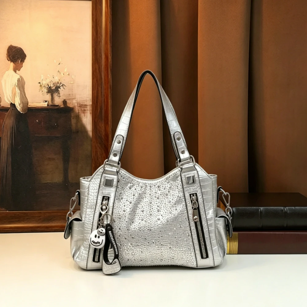 

Luxurious Rhinestone Handbags for Women Y2K Sparkly Shoulder Bags Metallic Croc Pattern Tote Bag Large Capacity Fashion Purses