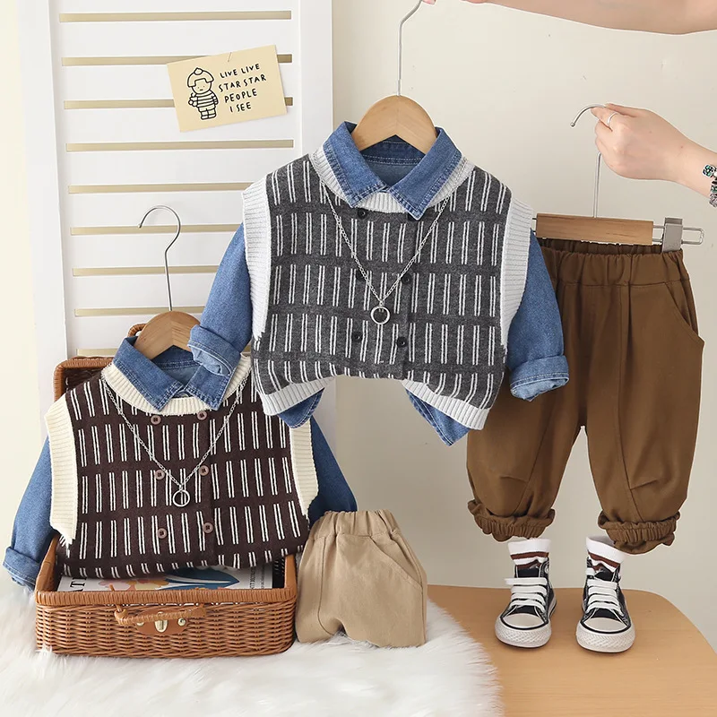 الفتيان الملابس مجموعات ربيع الخريف الأطفال الصوفية جيرسي سترة قمصان الدنيم السراويل 3 قطعة بدلة على الموضة لملابس الطفل الاطفال رياضية
