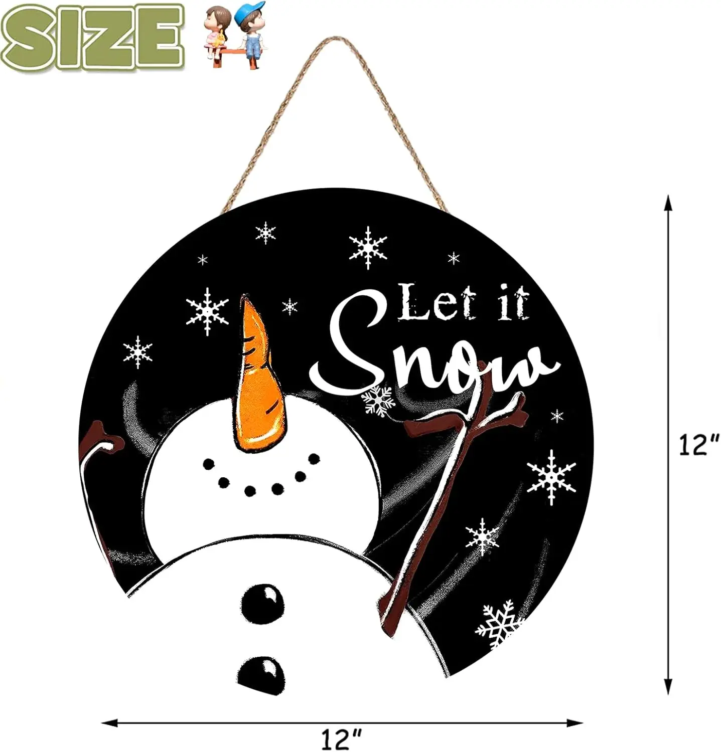 Let It Snow Snowman Sign for Front Door Decor, Winter Welcome Wood Door Hanger for Outdoor Outside Porchging 12x12 Inch