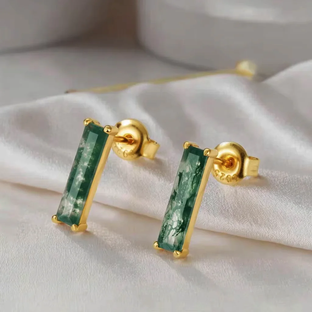 

Fashion Emerald Cut Earrings Studs Moss Agate Earrings Gold Plating Earring Studs for Engagement Wedding