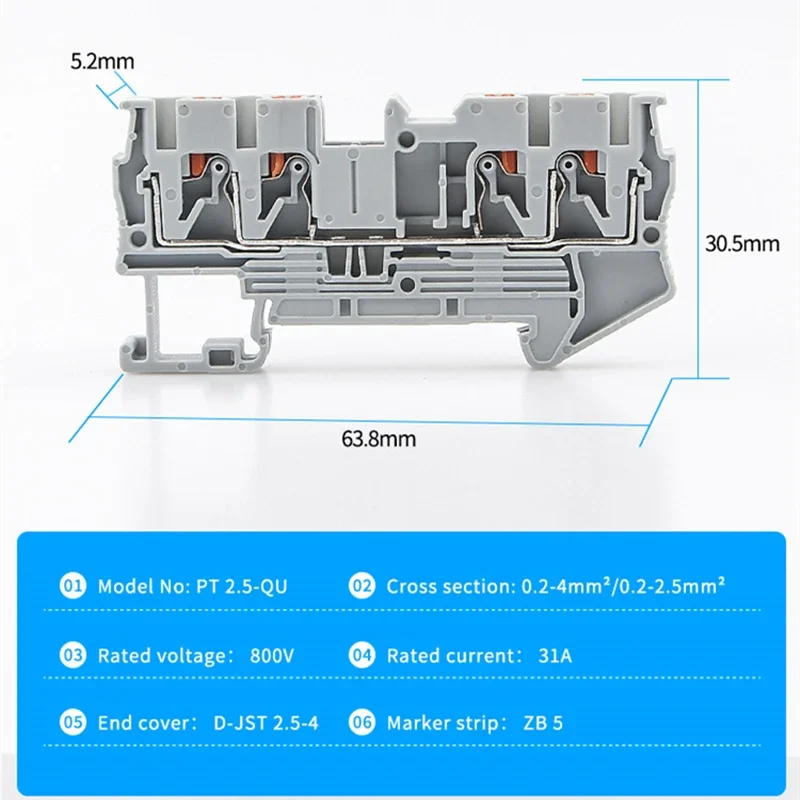 10Pcs Terminal Block PT2.5-QUATTRO 4 Conductors Din Rail Electrical Wire Spring Connection Push In Conductors Wire Connector