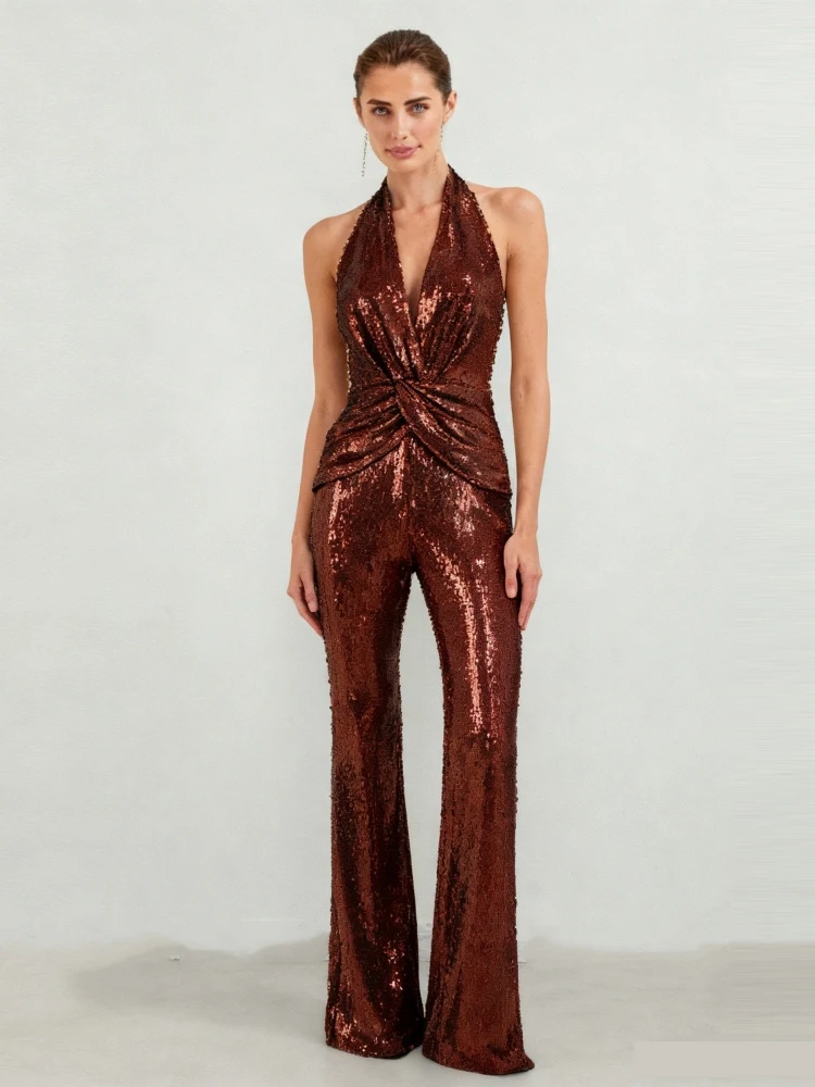 Women's Sleeveless Brown Sequin Jumpsuit Sexy Halter Neck Sparkle Sequined High Waist Wide Leg Pants Jumpsuit Celebrity Party