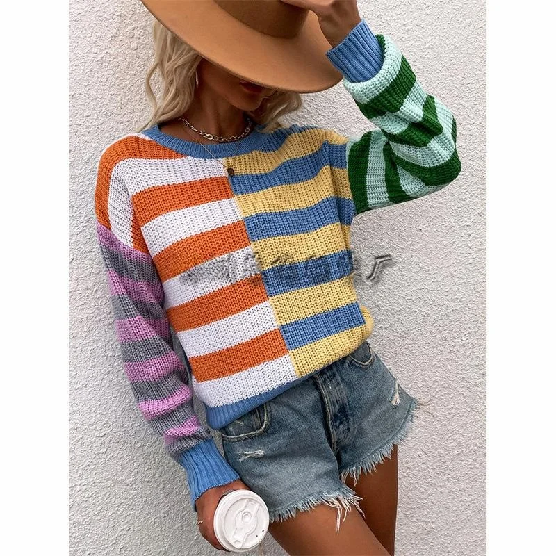 

Свободный женский вязаный свитер, круглый пуловер в полоску, осенний длинный свек, модный повседневный женский топ