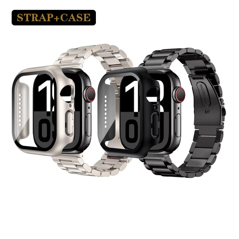 حافظة + حزام من الفولاذ المقاوم للصدأ واقي شاشة كامل لسلسلة ساعات أبل 10 42 مللي متر 46 مللي متر Ultra 2 49 مللي متر 45/41 44 مللي متر ملحقات