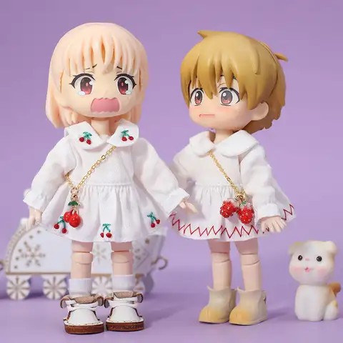 1/12 Ob11 인형 수제 옷 드레스, 체리 딸기 자수, 1/12 Bjd / Sd 인형 액세서리
