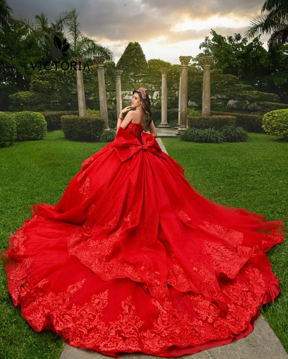 

Attractive Red Bow Long Sleeve Lace Applique Corset Quinceanera Dress Ball Gown 18th Debut Mexican Wedding Party Gown Customized
