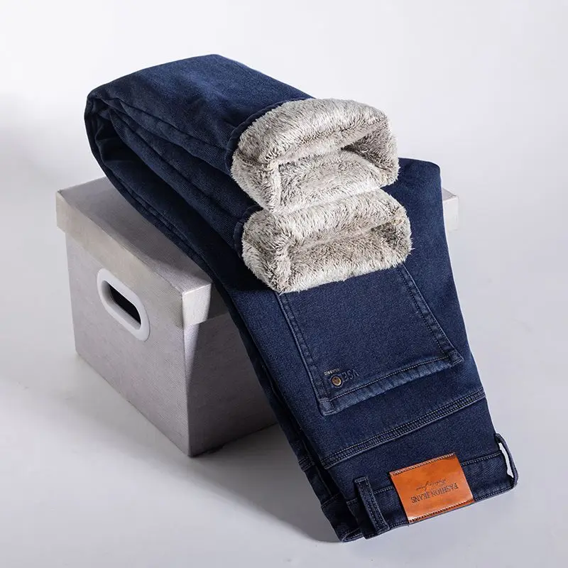 Winter Fleece Warm Men's Jeans Business Fashion Straight Blue Stretch Denim Trousers Classic Men's Pants Plus Size 30-40