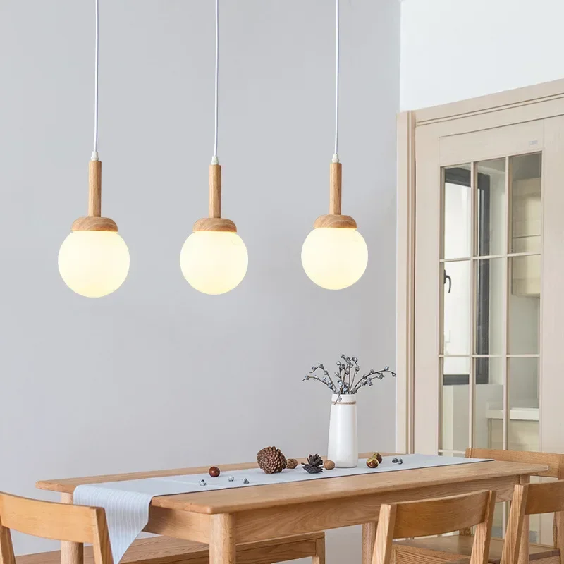 Nordic pendant lamp wood atmospheric Chinese three head dining room dining room modern simple bar personalized creative kitchen