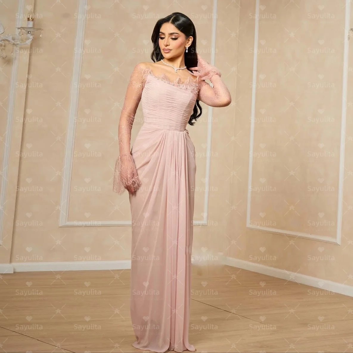 

Sayulita платья для выпускного вечера с вырезом лодочкой и бисером, кружево с длинными рукавами, халат Des Soiree, шифоновое вечернее платье с рюшами, специальное платье по индивидуальному заказу