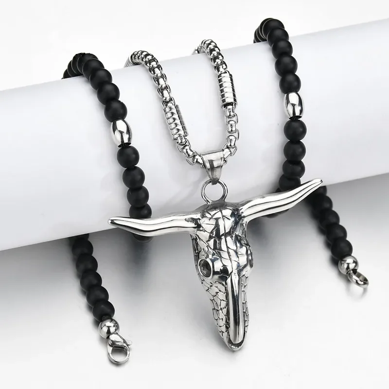 Titanium Steel African Tribe Style Skull Head Bull Pendant Necklace Black Stone Strand Beads Necklaces