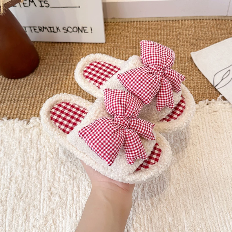 Plaid Bow Fuzzy Slippers Girls, Cute Lace Trim Plush House Slippers, Open Toe Warm Soft Sole Indoor Bedroom Slides Fall Winter