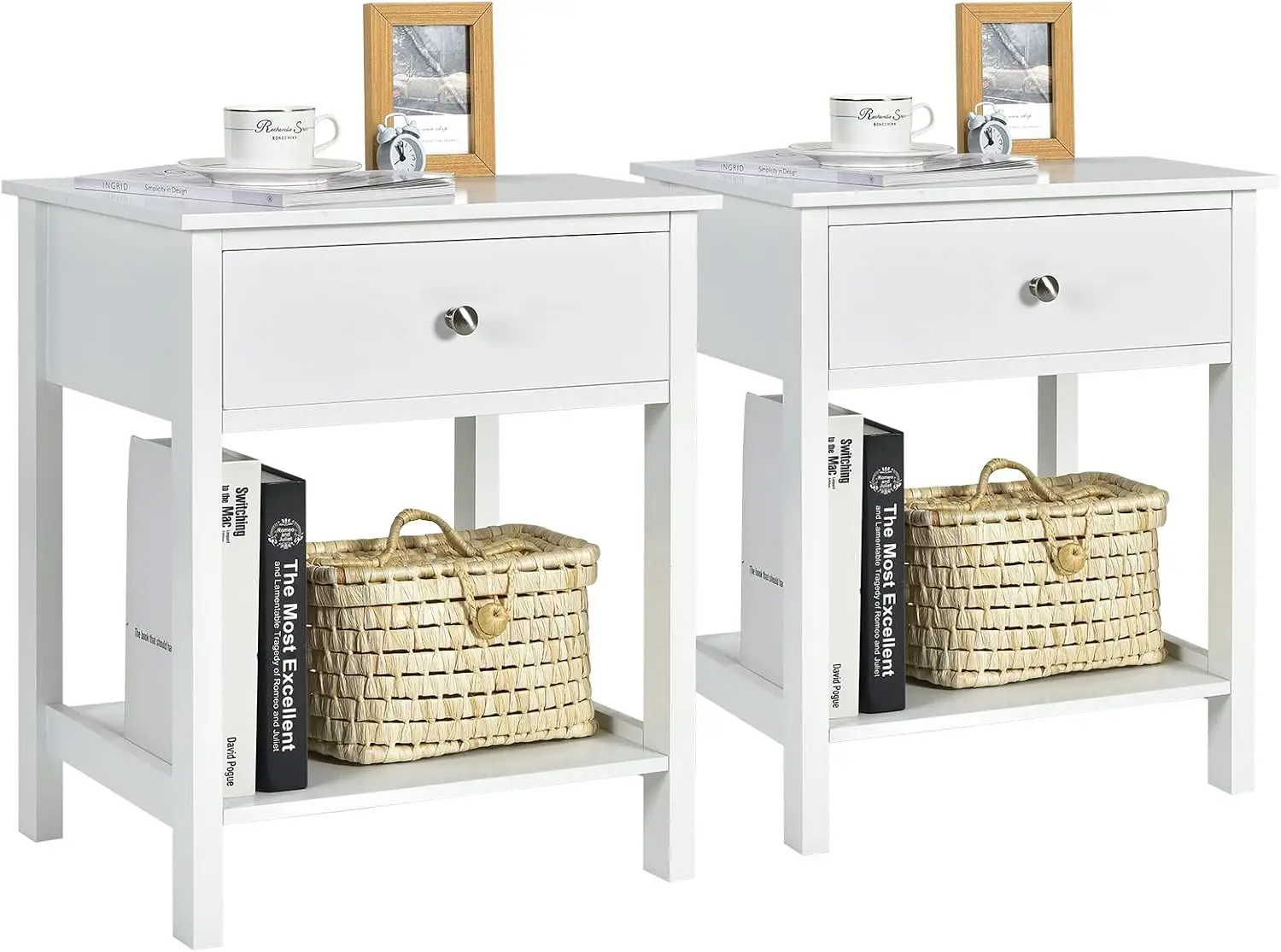 

2-Tier Nightstand Set of 2 with Drawer & Shelf, White End Table for Bedroom Living Room, Easy Assembly
