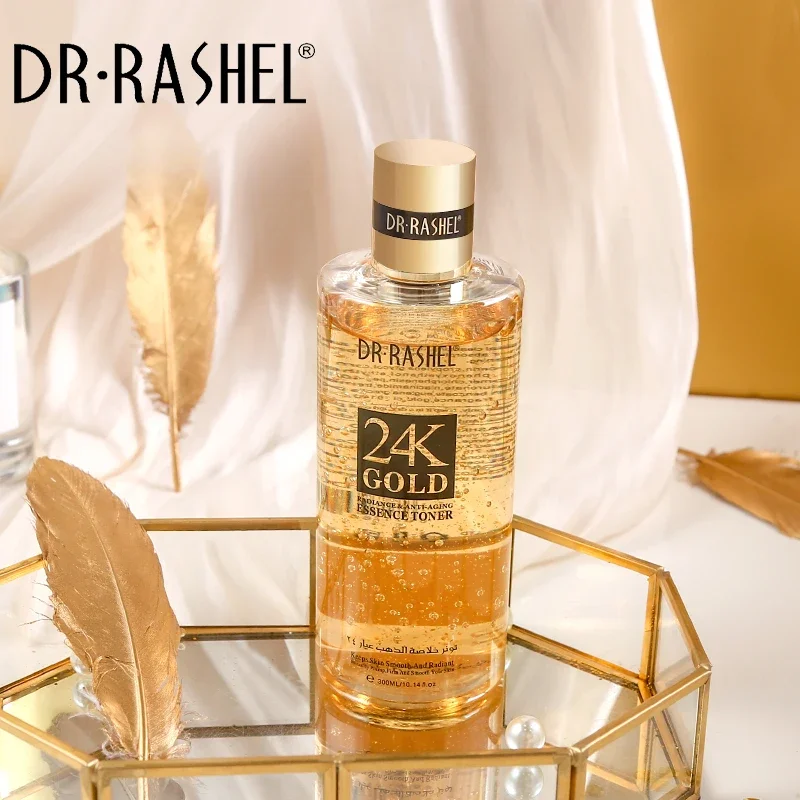 DR.RASHEL 24K Gold Facial Essence Toner Shrink Pores Moisturizing Anti Aging Wrinkle Brighten Skin Care Water Face Serum 300ml