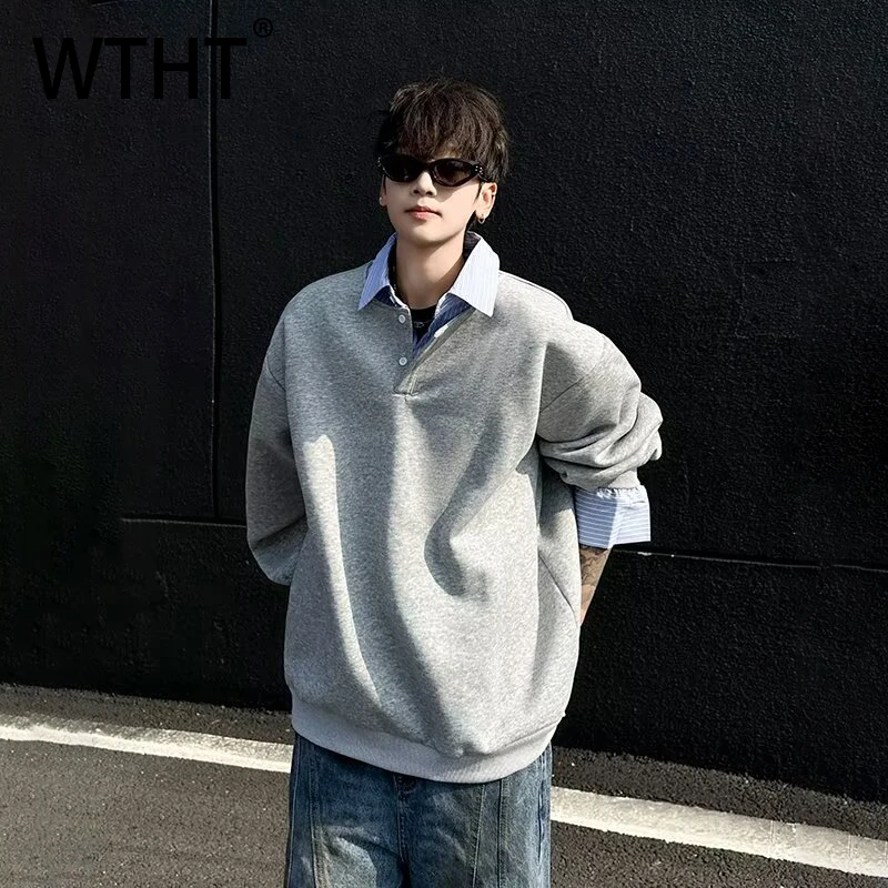 WTHT Trendy Men's Spliced Fake Two-pieve Contrast Color Shirts Fashion Lapel Loose Casual Pullover Male 2026 Spring 2A1311