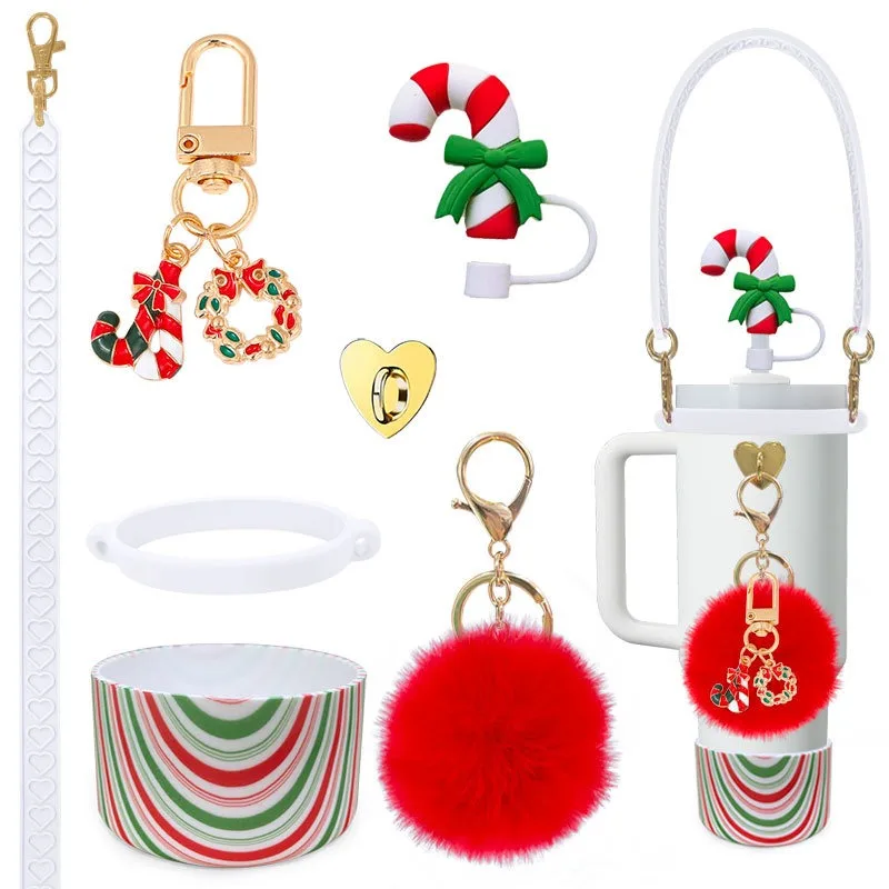 

Рождественский набор силиконовых чехлов для чашек — 7 предметов, удобные и практичные аксессуары для домашней посуды с соломенными колпачками и помпонами