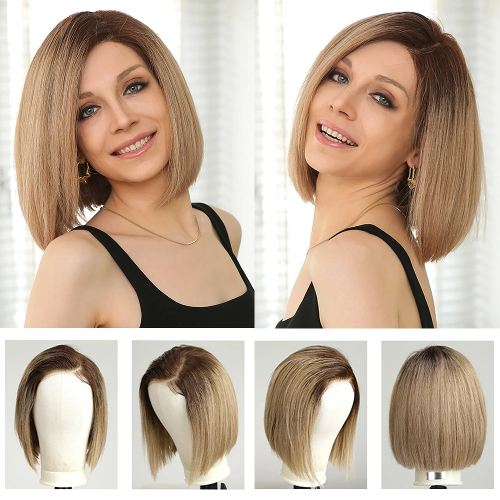 Perruque Bob Lace Front Wig naturelle Remy lisse, cheveux courts, brun, blond, doré, HD, pre-plucked