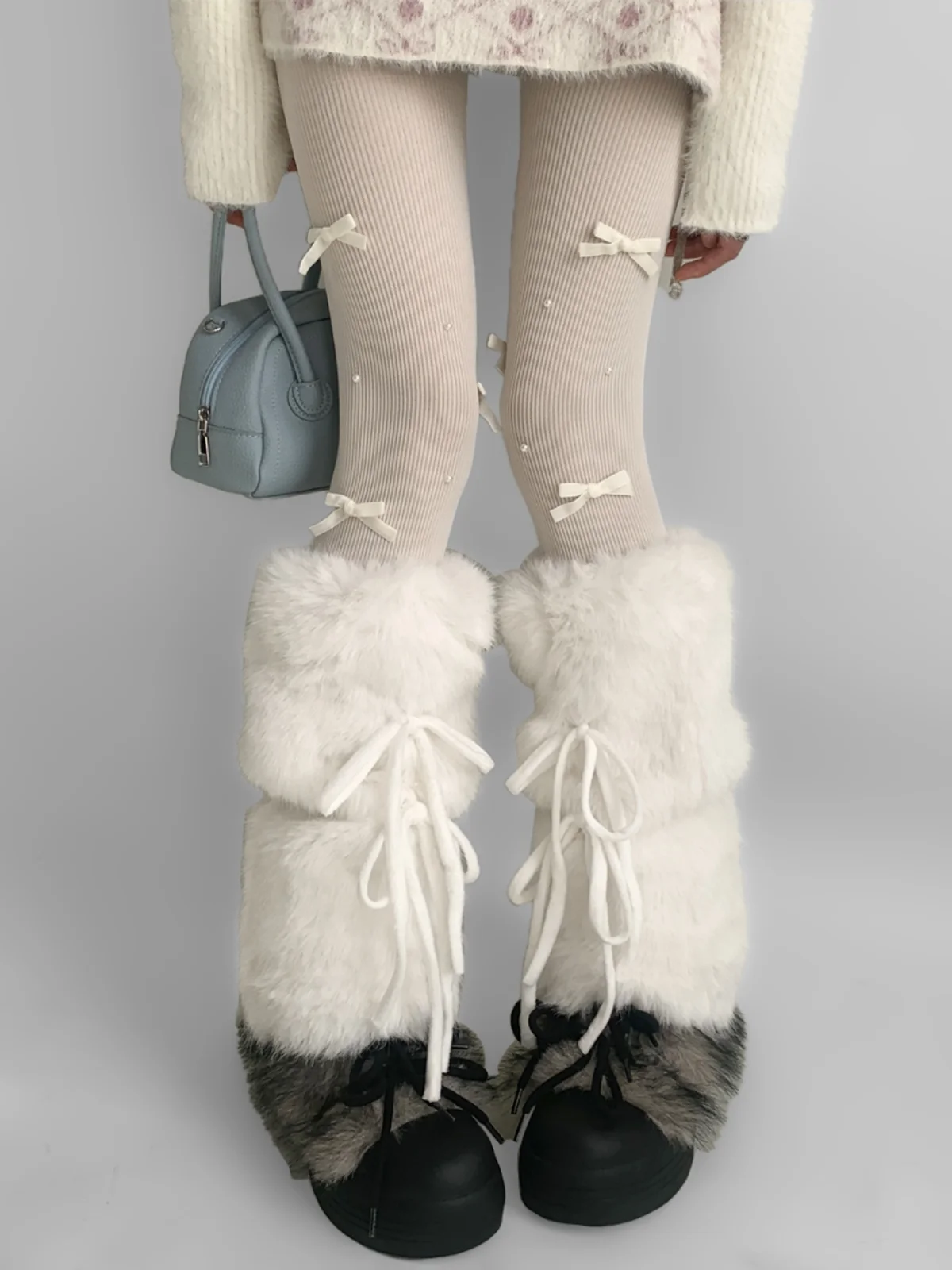 Y2K Subculture Japanese Original White Plush Leg Warmers with Bowknot Straps Autumn Winter Lolita Calf Socks for Women