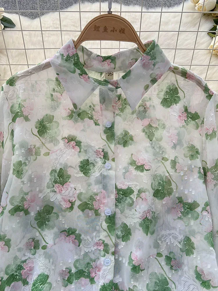 Women Spring Shirt Korean Version Floral Polo Collar Tulle Shirt Lantern Sleeves Unique Art Retro Long Sleeve Loose Top D4721