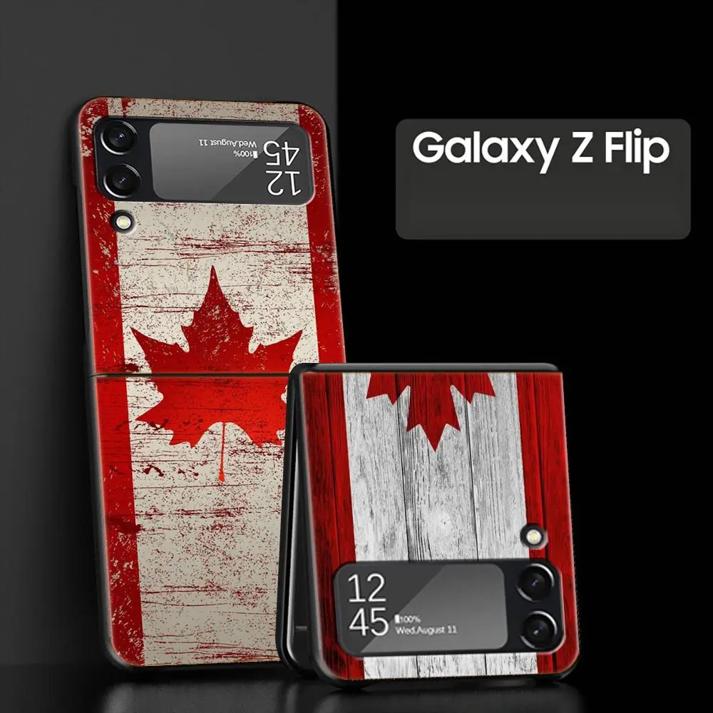 For Samsung Galaxy Z Flip 3 4 5 Hard Black Folding PC Phone Case Maple Canada Flag love Football For Samsung Z Flip3 Back Cover