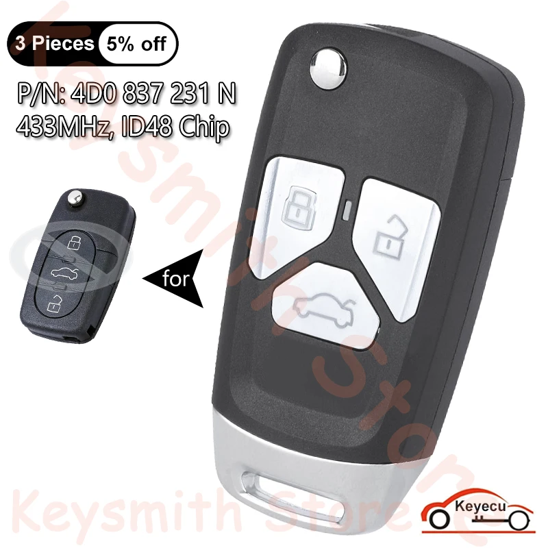 

KEYECU 3 Buttons 433MHz ID48 Chip for Audi A6 Quattro S6 TT Quattro 2002 2003 2004 Auto Upgraded Flip Remote Key Fob 4D0837231N