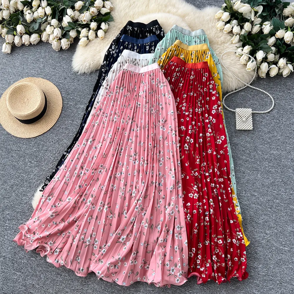 

Новая длинная плиссированная юбка макси для женщин, весна-лето, повседневная, с высокой талией, на резинке, с цветочным узором, А-силуэт, для работы, танцев, пляжа, 2026