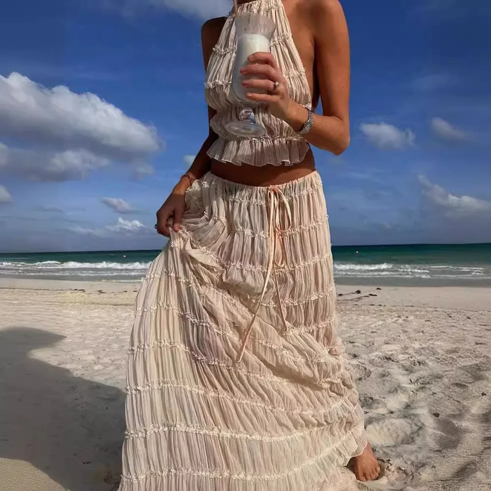 Women’s Summer Vacation Beach Cover-ups Dress Sets Sleeveless Ruched Halter Neck Long Skirt Suit Top Lace Up Fold Maxi Skirts