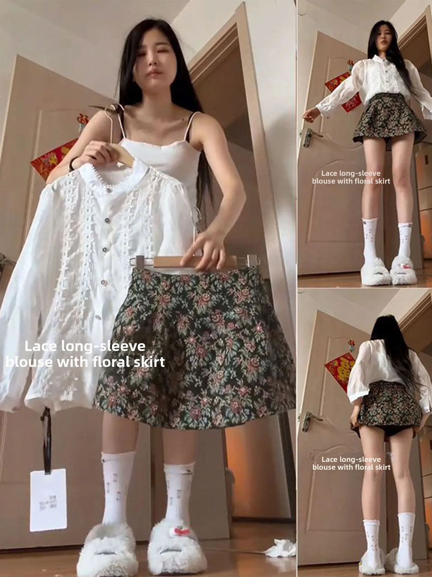Early Autumn 2026 Korean Style Bubble Sleeve Hollow out Embroidered Floral Half Skirt Shirt Two Piece Set Slimming Fashion