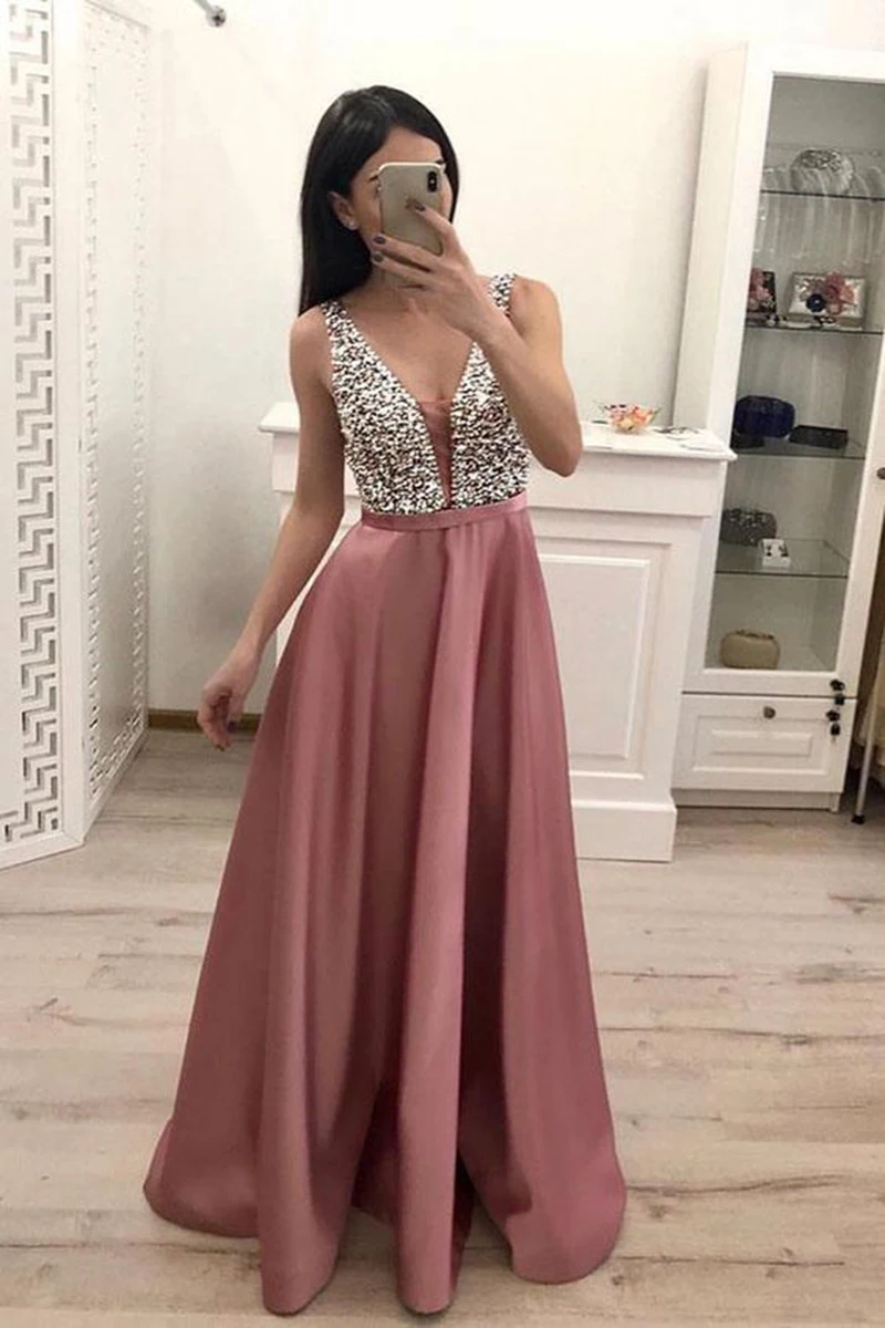 Vestido de noche de lentejuelas para mujer, vestido de fiesta Formal con cuello de pico profundo, de alta calidad, sin mangas, para dama de honor