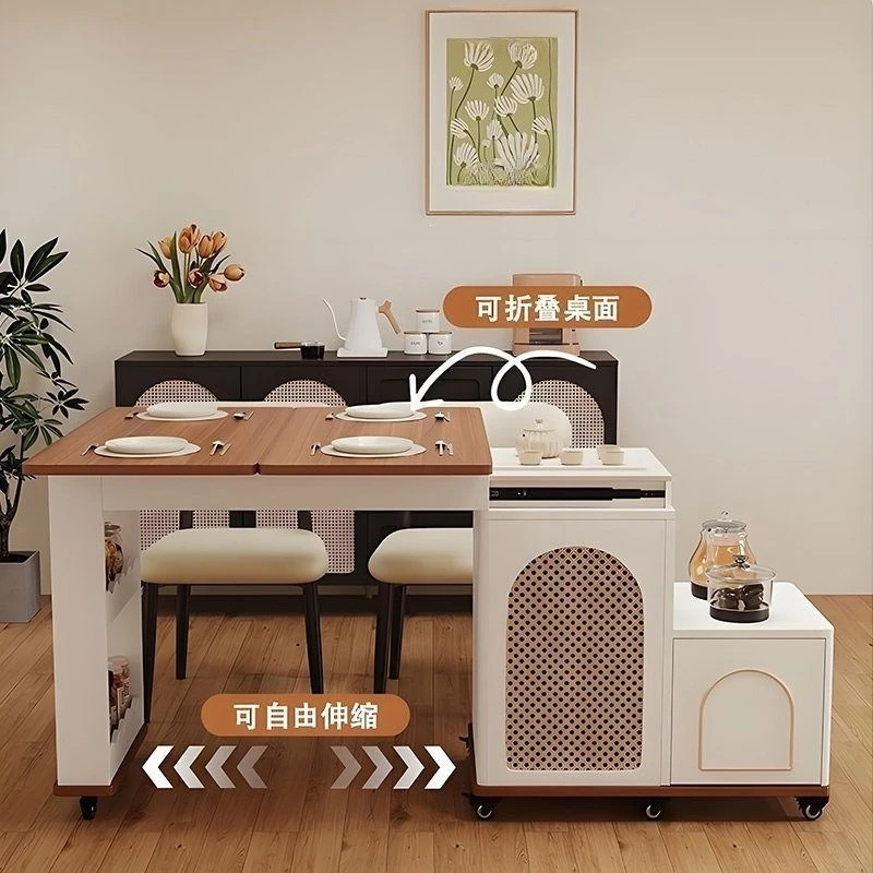 Solid Wood Multi-function Rotating Mobile Tea Table Tea Cart with Kettle Small Tea Table Retractable and Foldable