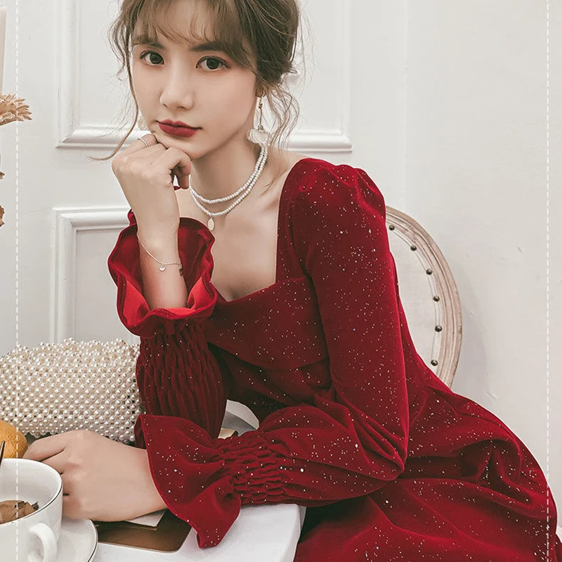 Women Evening Dress A-line Sequins Puff Sleeve Female Autumn Square Collar Stylish Floor-length Korean Style Party Vestidos