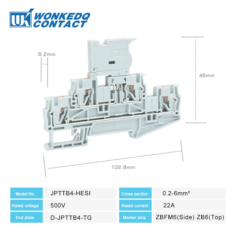 5Pcs PTTB4-HESI Double Level Fuse Holder Terminal Block Din Rail 4mm² 4 Wires Connector PTTB 4-HESILED 5*20mm Fuse 24V/220V LED