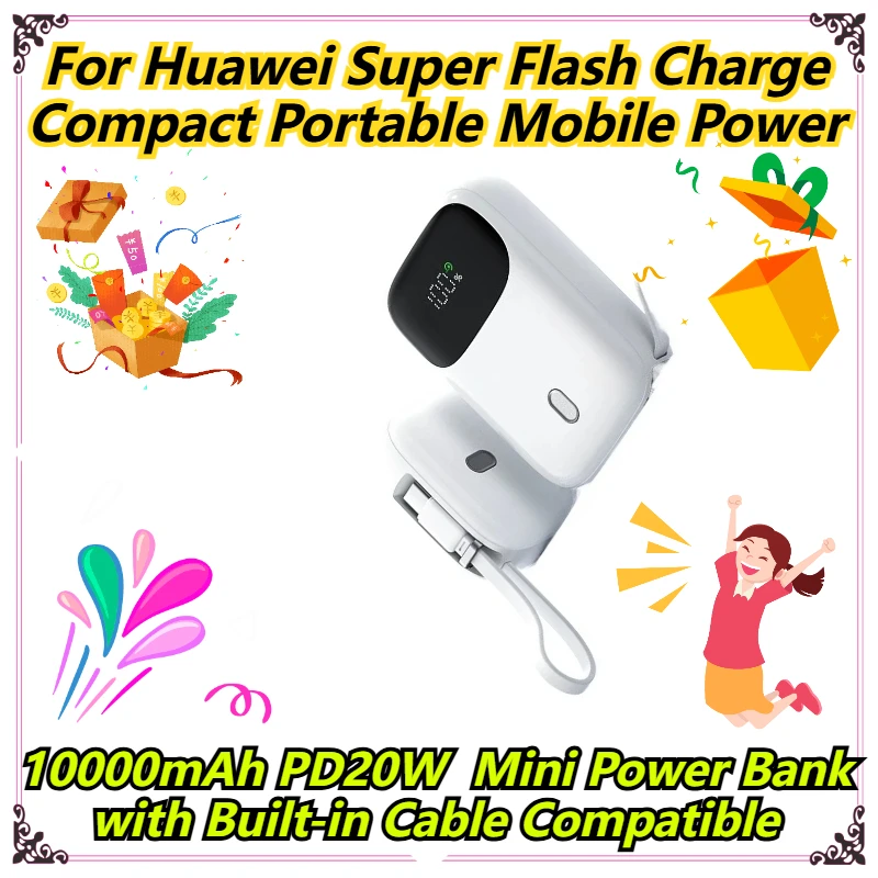 

10000mAh PD20W Mini Power Bank with Built-in Cable Compatible For Huawei Super Flash Charge Compact Portable Mobile Power