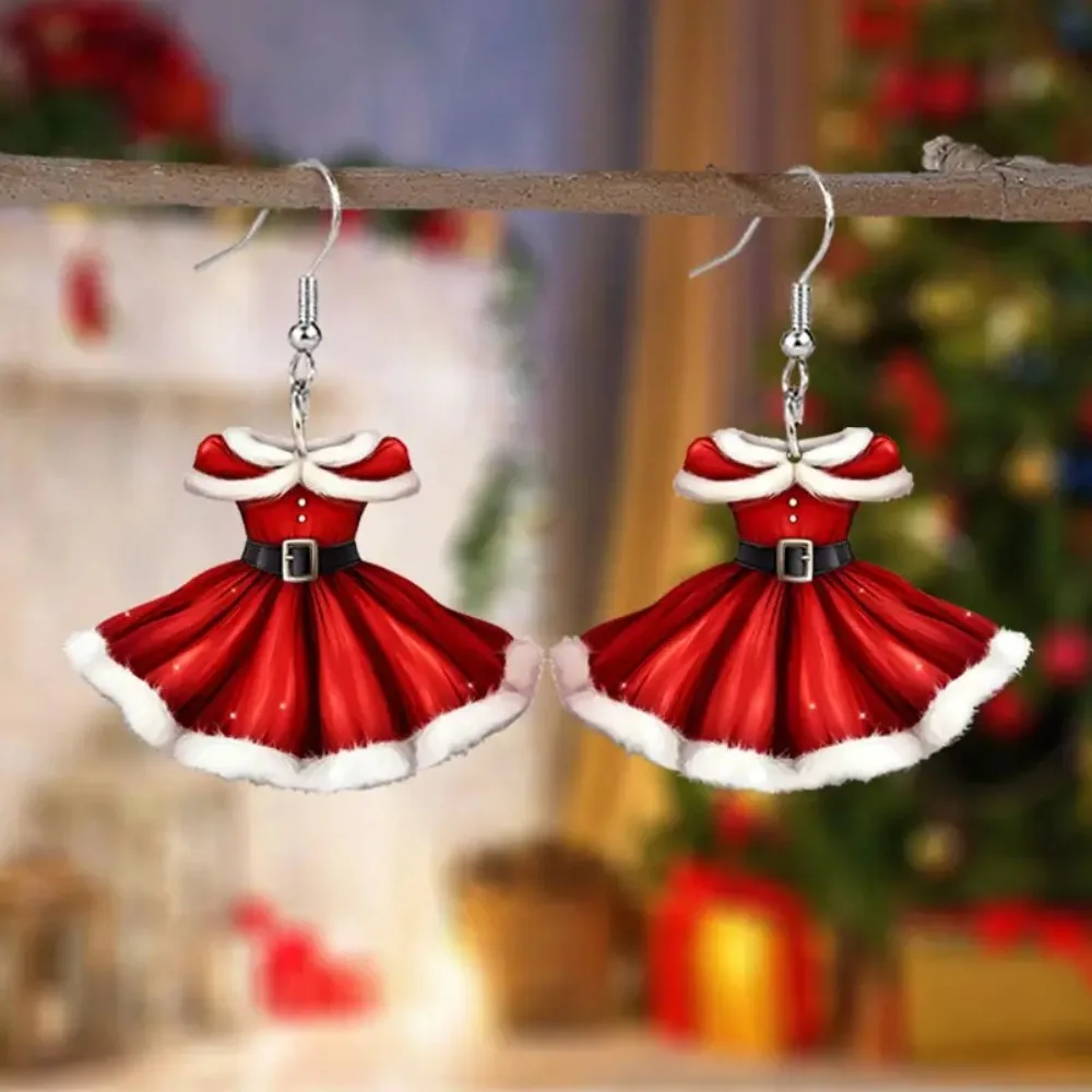 Christmas Red Color Velvet Dress Acrylic Drop Earrings Pendant Women Hook Earrings Creative Gift Cartoon Jewelry Festival Toy