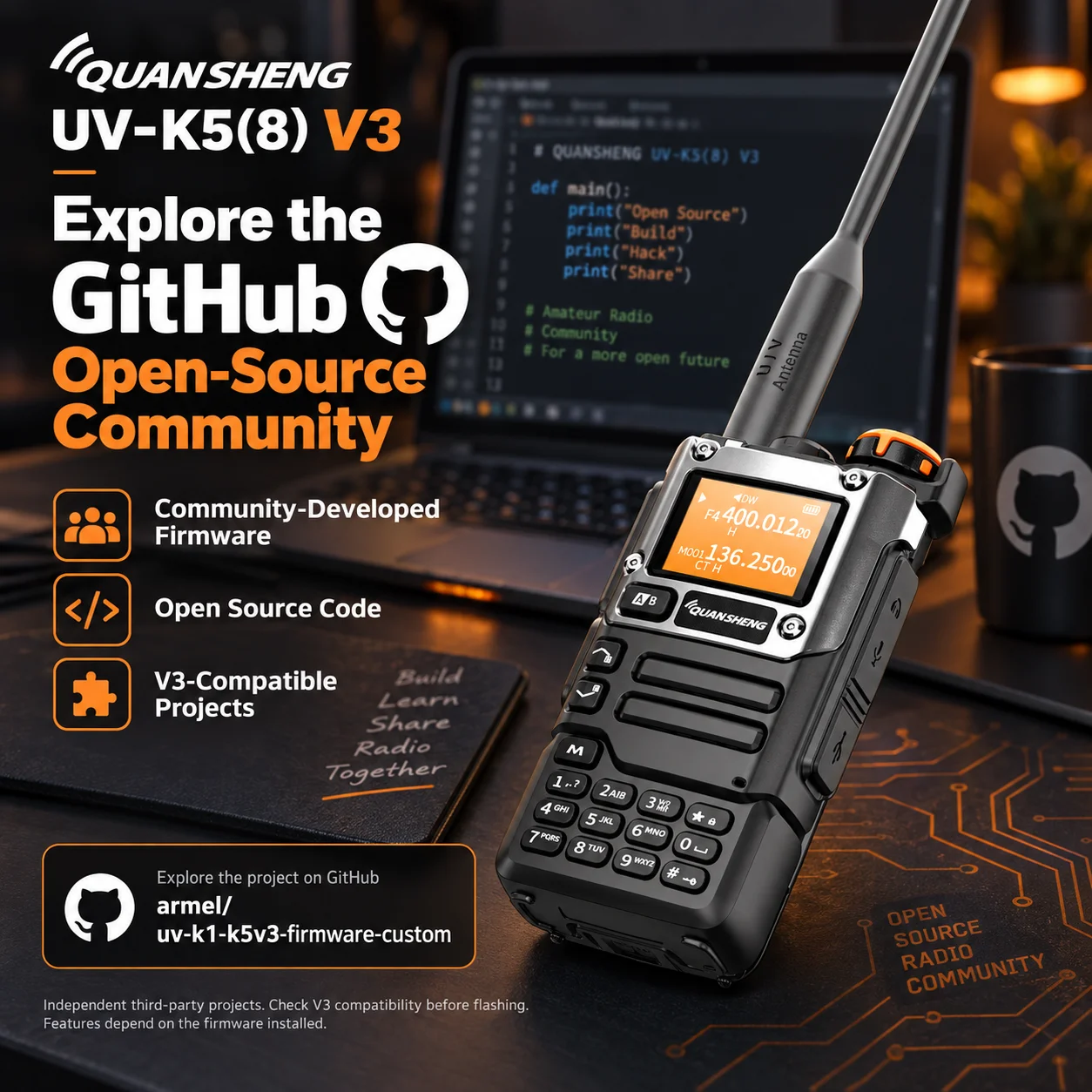 quansheng-uv-k5-8-v3-デュアルバンドvhf-uhf双方向無線機、200チャンネル、usb-c充電、am航空帯受信機能搭載
