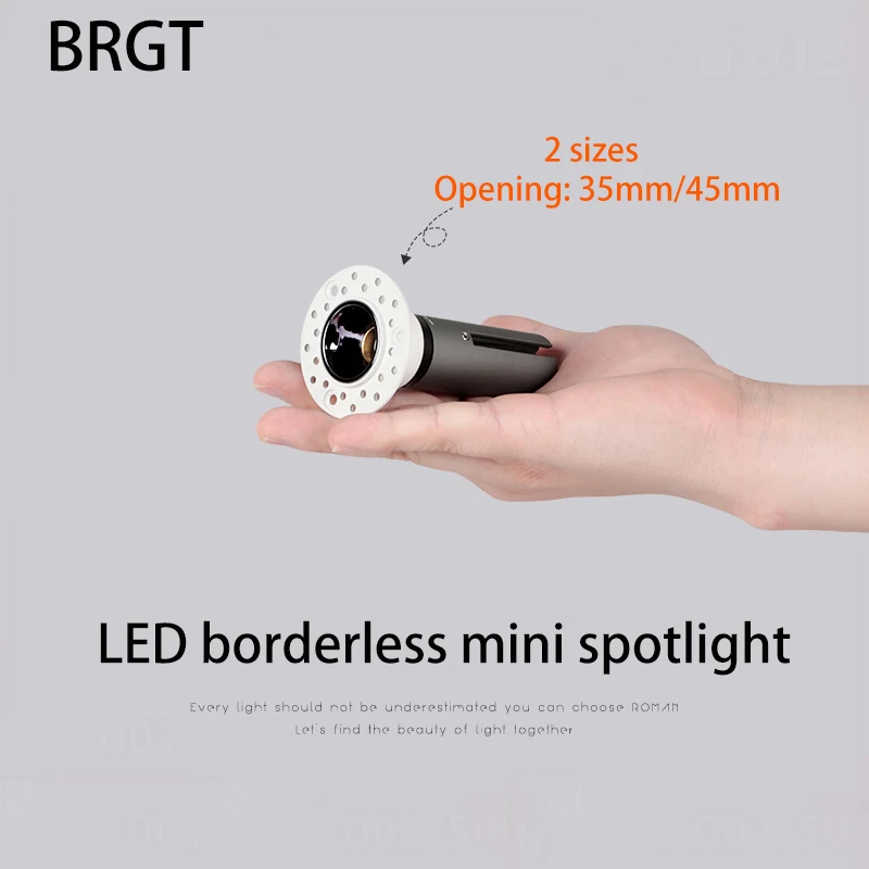 BRGT Led Mini reflektory bez obramowania Downlight z regulowanym kątem lampa sufitowa 3W 5W 7W małe miejsce światła 110V 220V Foco oświetlenie