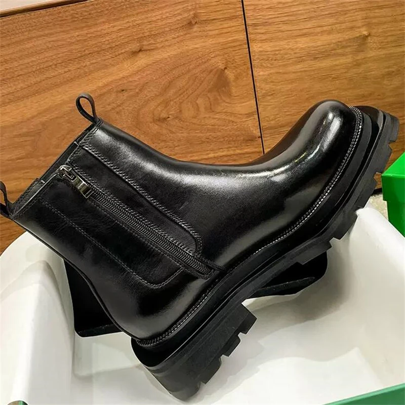 New British Style Genuine Leather Square Toe High Top Height Increasing Thick Sole Chelsea Ankle Boots Men Autumn Winter Shoes