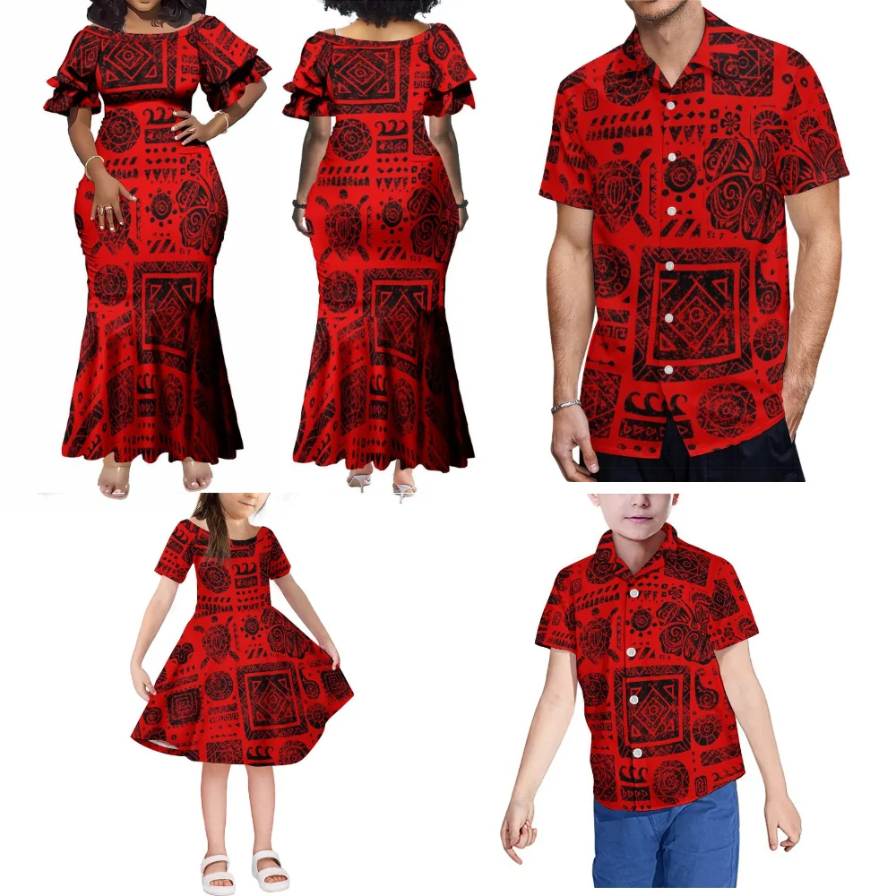 Samoa-fiji família conjunto vestido feminino cocktail até o chão rabo de peixe maxi design polinésio 3d hd impresso camisa havaiana masculina