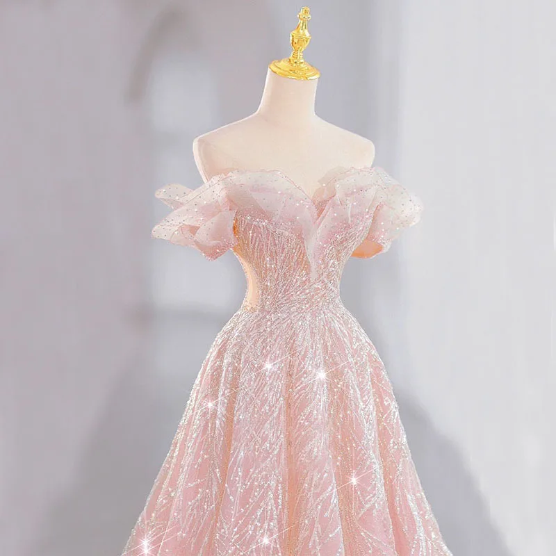 DongCMY Dreamy Pink Princess Evening Dress Female High-end Elegant Wedding Robe Soiree Party Dress For Women Customized