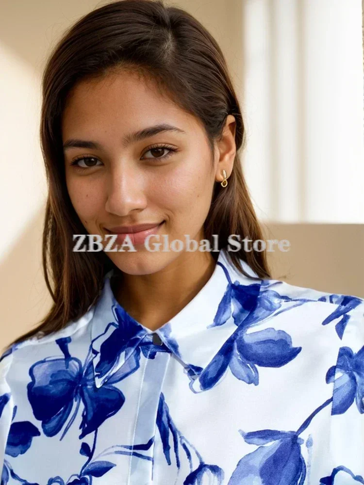 ZBZA Women\'s Floral Print Shirt Lapel Hidden Button Closure Long Sleeves Lapel Satin Effect Tops Spring New Female Chic Shirt