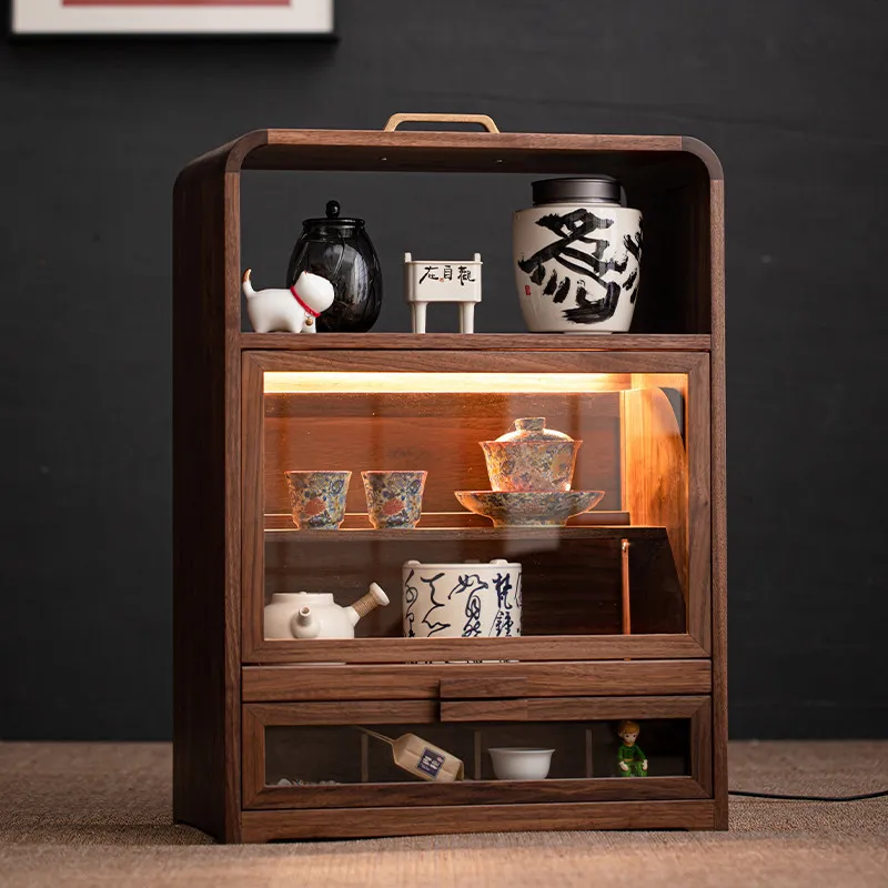 Walnut desktop storage cabinet Tatami storage side cabinet Cup tea set Wenplay dust-proof multi-layer display cabinet